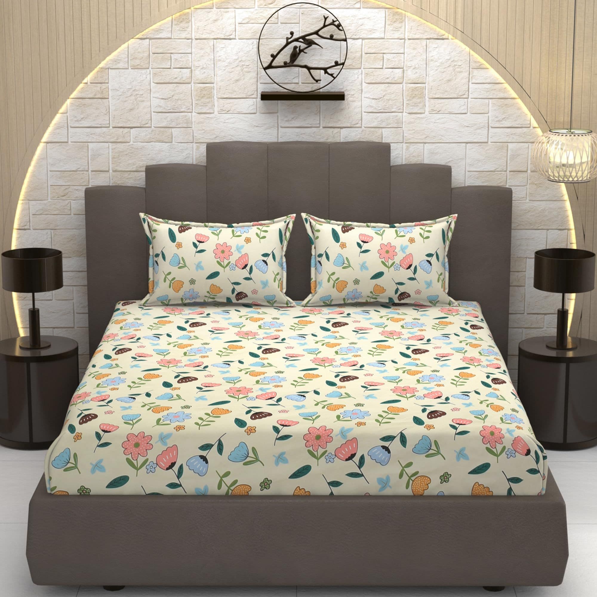 Cotton Feel Yellow Multi Floral 78x72 inch Bedsheet with 2 pillow cover set