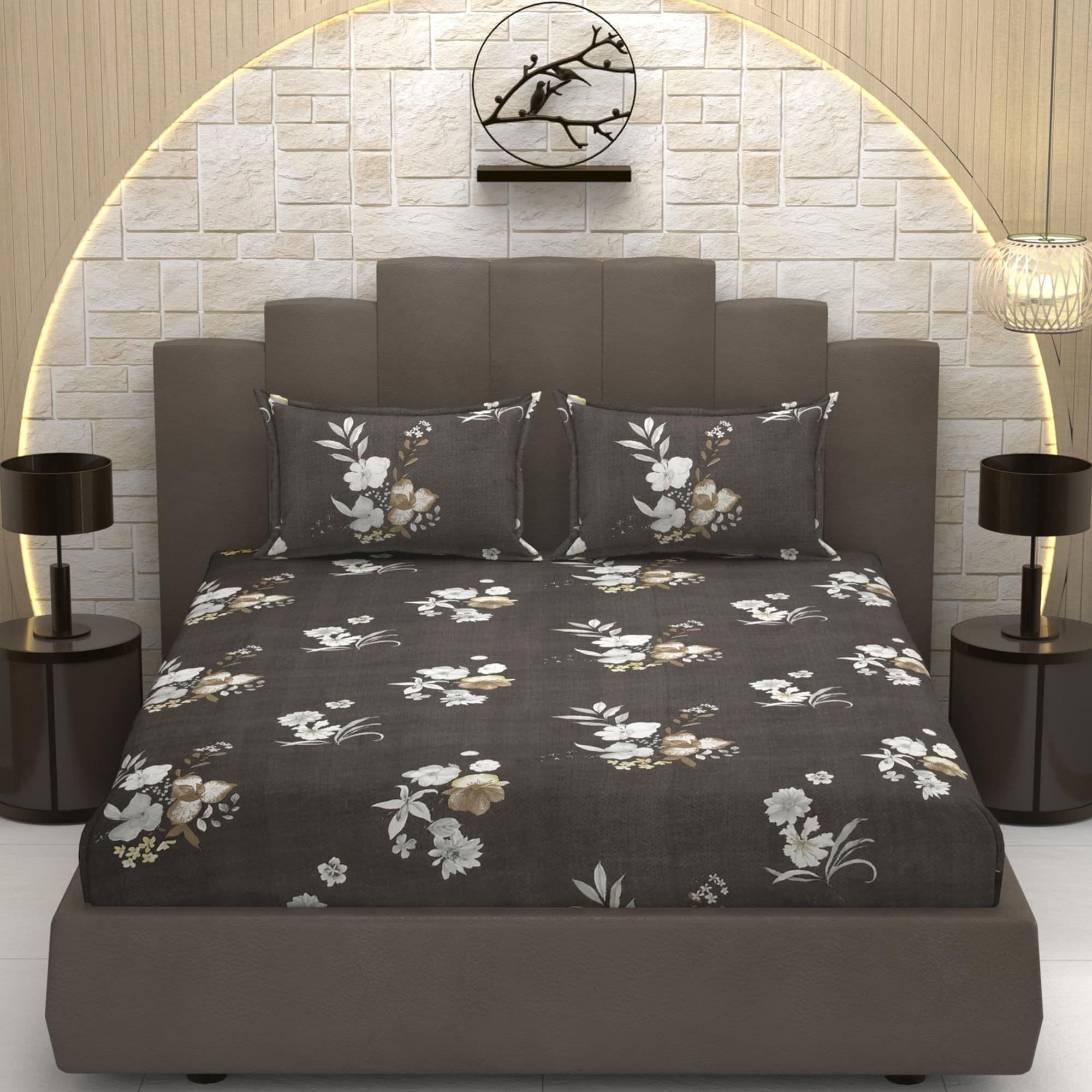 Cotton Feel Grey Floral Design 78x60 inch Bedsheet with 2 pillow cover set