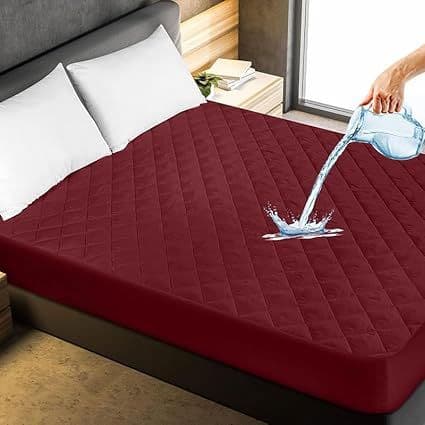 Cotton Feel Quilted Maroon Colour Mattress Protector Queen Bed 78x60 inch